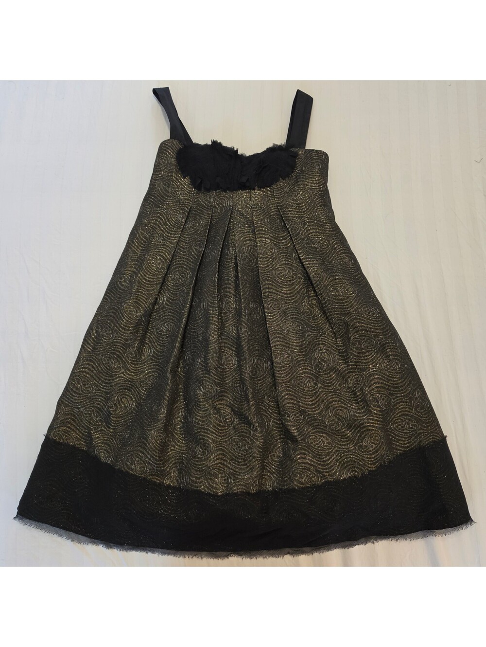 BCBGMAXAZRIA Black and Gold Metallic A-Line Dress with Ruffle Detail Size XS